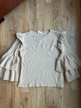 Joyfolie Mia Joy Cream Gold Glitter Ruffle Sweater Size 10